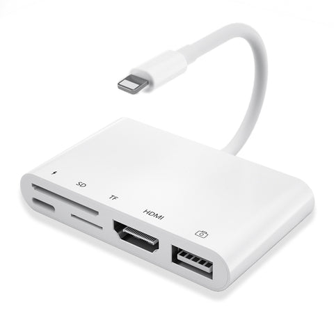 5 en 1 8 broches mâle vers USB + HDMI + emplacement pour carte TF/SD + adaptateur AV numérique OTG femelle alimentation à 8 broches, emplacement pour carte TF/SD