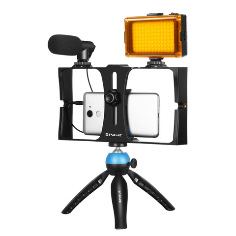 PULUZ 4 in 1 Vlogging Live Broadcast LED Selfie Light Kit di attrezzatura video per smartphone con microfono + supporto per treppiede + testa per treppiede con slitta fredda per iPhone, Galaxy, Huawei, Xiaomi, HTC, LG, Google e altri smartphone