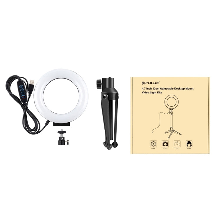 PULUZ 4.7 inch 12cm USB 3 Modes Dimmable LED Ring Vlogging Photography Video Lights + Desktop Tripod Holder with Cold Shoe Tripod Ball Head             ...