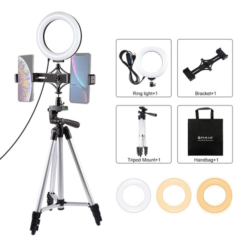 Supporto per treppiede PULUZ + staffa per doppio telefono per trasmissione in diretta + kit luce video per vlogging ad anello LED da 6,2 pollici 16 cm, 3 in 1