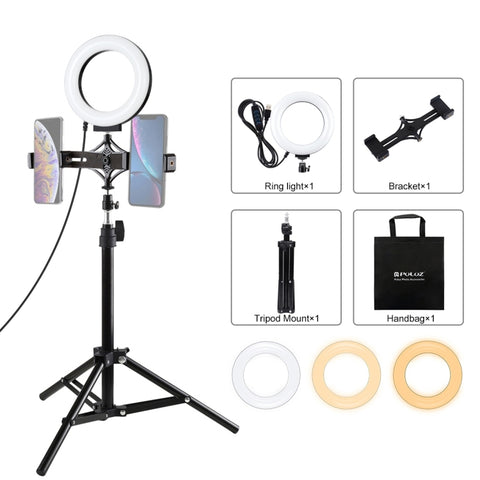 PULUZ Supporto per treppiede da 70 cm + Staffa per doppio telefono per trasmissione in diretta + Kit luce video per vlogging ad anello LED da 6,2 pollici 16 cm, 70cm Tripod Mount+Ring Light