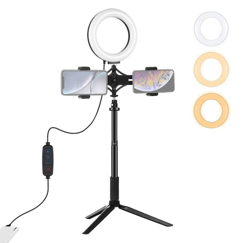 Supporto per treppiede PULUZ + asta di prolunga + staffa per doppio telefono per trasmissione in diretta + kit luce video per vlogging ad anello LED da 6,2 pollici 16 cm, 4 in 1 Live Broadcast Kits