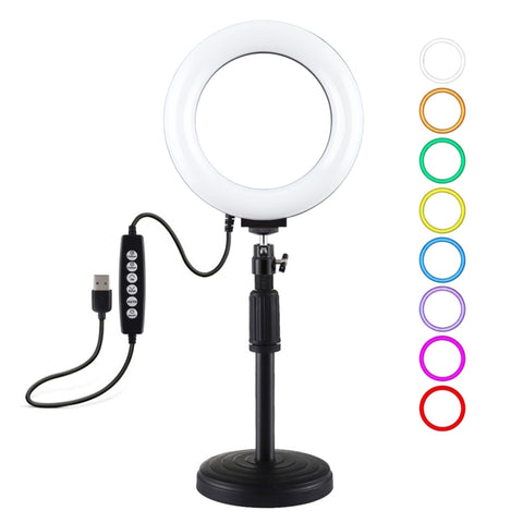 PULUZ 6,2 pollici 16 cm USB 10 modalità 8 colori RGBW dimmerabile anello LED Vlogging fotografia luci video + base rotonda supporto da tavolo con testa a sfera per treppiede con slitta fredda, 6.2 inch RGBW+Desktop Mount