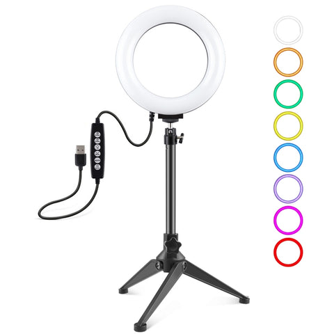 PULUZ 6,2 pollici 16 cm USB 10 modalità 8 colori RGBW dimmerabile anello LED Vlogging fotografia luci video + supporto per treppiede da tavolo con testa a sfera per treppiede con slitta fredda, 6.2 inch RGBW+Tripod Mount