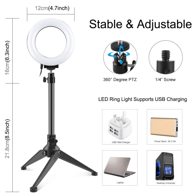 PULUZ 4.7 inch 12cm USB 10 Modes 8 Colors RGBW Dimmable LED Ring Vlogging Photography Video Lights + Desktop Tripod  Mount with Cold Shoe Tripod Ball He...