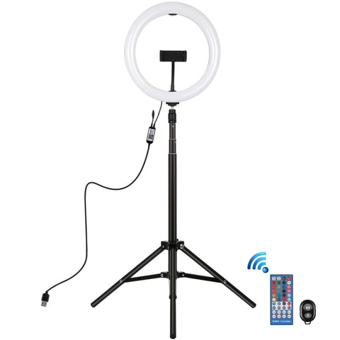 PULUZ 10,2 pouces 26 cm RGBW Luce + 1,65 m Support pour trepied Superficie curva USB RGBW Dimmerabile Anello LED Vlogging Luce video Kit di transmission of vivo avec testa a sfera per treppiede avec fente fredda et morsetto per telefono e telecomando