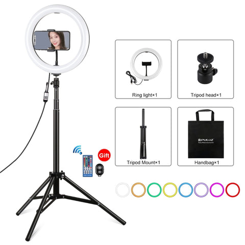 PULUZ 10,2 pouces 26 cm RGBW Luce + 1,65 m Support pour trepied Superficie curva USB RGBW Dimmerabile Anello LED Vlogging Luce video Kit di transmission of vivo avec testa a sfera per treppiede avec fente fredda et morsetto per telefono e telecomando