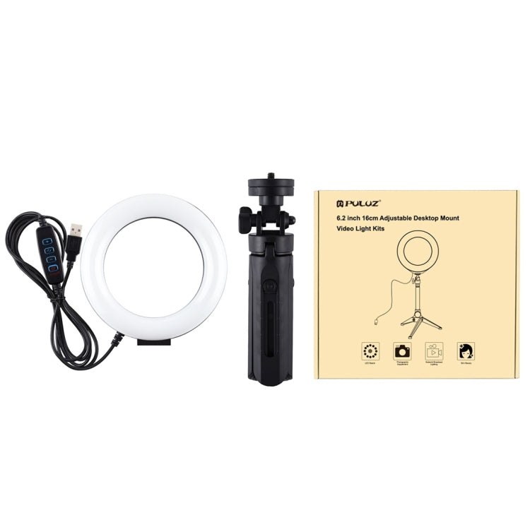 PULUZ 6.2 inch 16cm USB 3 Modes Dimmable LED Ring Vlogging Photography Video Lights + Pocket Tripod Mount Kit with Cold Shoe Tripod Ball Head           ...