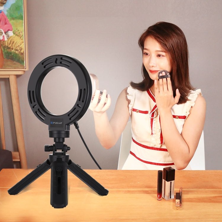 PULUZ 6.2 inch 16cm USB 3 Modes Dimmable LED Ring Vlogging Photography Video Lights + Pocket Tripod Mount Kit with Cold Shoe Tripod Ball Head           ...