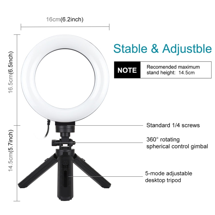 PULUZ 6.2 inch 16cm USB 3 Modes Dimmable LED Ring Vlogging Photography Video Lights + Pocket Tripod Mount Kit with Cold Shoe Tripod Ball Head           ...