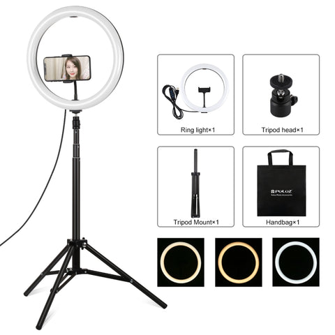 PULUZ 11,8 pollici 30 cm luce + 1,65 m supporto per treppiede superficie curva USB 3 modalità dimmerabile doppia temperatura colore anello LED Vlogging luce video kit di trasmissione dal vivo con morsetto per telefono, 11.8 inch+1.65m Tripod