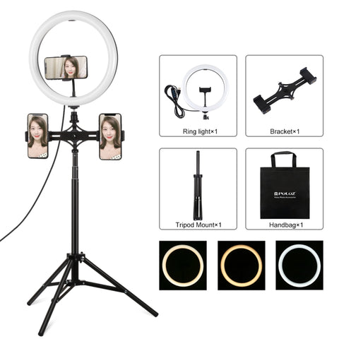 PULUZ 11,8 pouces 30 cm lumière + trepied de 1,65 m + support pour double téléphone surface courbe USB 3 modes réglable double température couleur anneau LED Vlogging kit vidéo lumière pour transmission depuis le vif avec mors pour téléphone