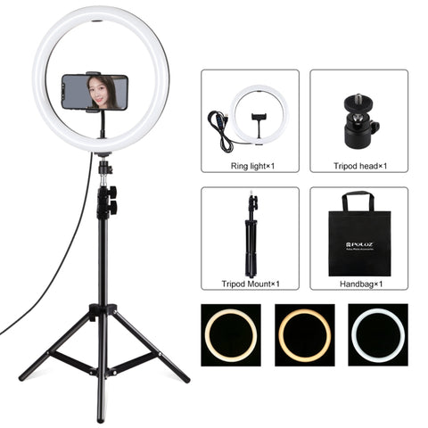 PULUZ 11,8 pollici 30 cm luce + 1,1 m supporto per treppiede superficie curva USB 3 modalità dimmerabile doppia temperatura colore anello LED Vlogging luce video kit di trasmissione dal vivo con morsetto per telefono, 11.8 inch+1.1m Tripod