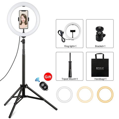 PULUZ 10,2 pouces 26 cm Luce + 1,65 m Support pour trépied Superficie curva USB 3 modalità Dimmerabile Double color Anello di temperatura Vlogging Luce video Kit de transmission depuis le vif avec morceau pour téléphone et télécommande pour selfie