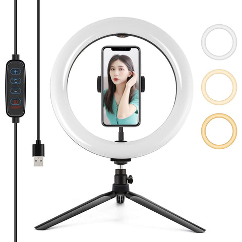 PULUZ 10.2 pouces 26 cm Selfie Beauty Light + Support pour trépied de bureau USB 3 modes Dimmerabile Anello LED Vlogging Selfie Fotografia Lucy video con testa a sfera per treppiede con slitta Fredda et morsetto per telefono