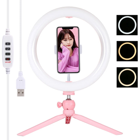 PULUZ 10,2 pouces 26 cm Luce + Support pour trépied de table USB 3 modes Dimmerabile Double température couleur LED Luce diffusa curva Anello Vlogging Selfie Fotografia Luci video con morsetto per telefono, 10,2 pouces + trépied de bureau