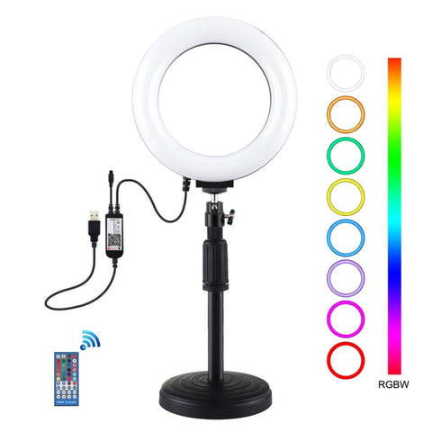 PULUZ 6,2 pollici 16 cm RGBW Luce + Base rotonda Supporto da tavolo USB Dimmerabile Anello LED Vlogging Fotografia Luci video con testa a sfera per treppiede con slitta fredda e telecomando, Desktop Mount + 6.2 inch RGBW / Remote