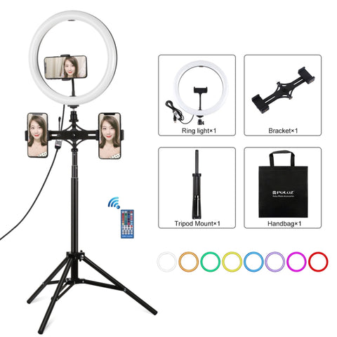 PULUZ 11,8 pollici 30 cm Luce RGBW + Supporto da 1,65 m + Staffe per doppio telefono Superficie curva RGBW Anello LED dimmerabile Kit per trasmissione dal vivo con luce Vlogging per selfie con adattatore per treppiede con slitta fredda, morsetto per te...