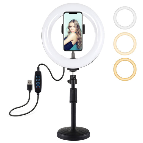 PULUZ 7,9 pollici 20 cm Luce + Base rotonda Supporto da tavolo USB 3 modalità Dimmerabile Doppia temperatura colore LED Anello luminoso curvo Vlogging Selfie Fotografia Luci video con morsetto per telefono, 7.9 inch+Desktop Mount