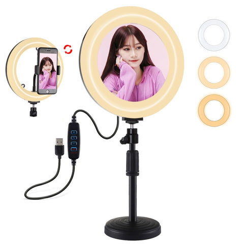 PULUZ 7,9 pollici 20 cm Luce per specchio + Base rotonda Supporto da tavolo 3 modalità Dimmerabile Doppia temperatura colore LED Anello luminoso curvo Vlogging Selfie Fotografia Luci video con morsetto per telefono, 7.9 inch+Desktop Mount+Mirror