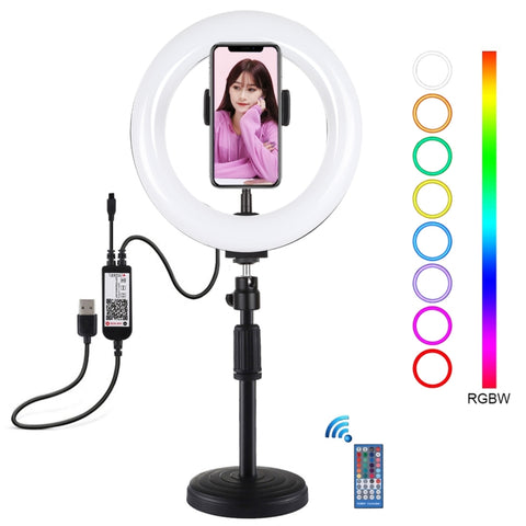 PULUZ 7,9 pollici 20 cm RGBW Luce + Base rotonda Supporto da tavolo Dimmerabile LED Doppia temperatura colore LED Anello luminoso curvo Vlogging Selfie Fotografia Luci video con morsetto per telefono, 7.9 inch + Round Mount