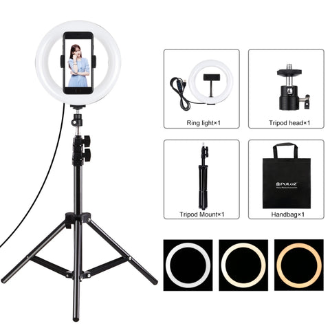 PULUZ 7,9 pollici 20 cm Luce + 1,1 m Supporto per treppiede USB 3 modalità Dimmerabile Doppia temperatura colore LED Anello luminoso curvo Vlogging Selfie Fotografia Luci video con morsetto per telefono, 7.9 inch Light+ 1.1m Tripod