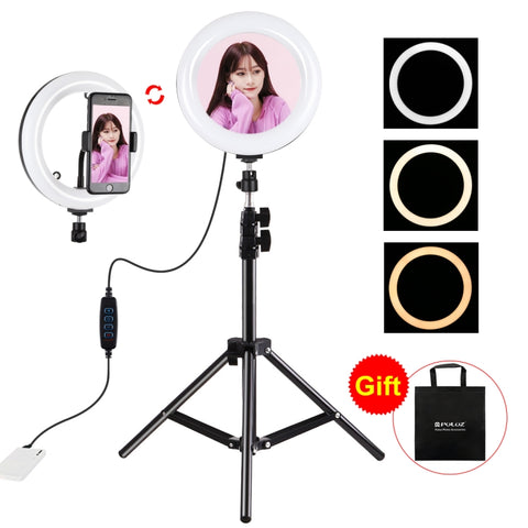 PULUZ 7,9 pollici 20 cm Luce per specchio + 1,1 m Supporto per treppiede USB 3 modalità Dimmerabile Doppia temperatura colore LED Anello luminoso curvo Vlogging Selfie Fotografia Luci video con specchio e morsetto per telefono