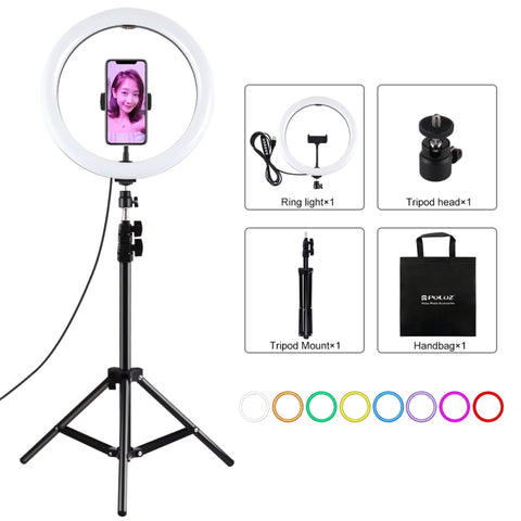 PULUZ 11,8 pouces 30 cm de lumière + 1,1 m de support pour la surface de trépied incurvée RGBW, anneau variable LED Vlogging, kit vidéo de lumière pour transmission en direct avec tête de trépied et support pour téléphone, 11,8 pouces + trépied de 1,1 m