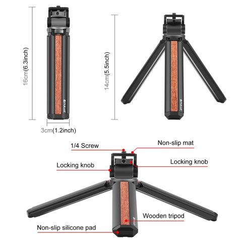 Supporto per treppiede dal vivo per vlogging da tavolo in legno intarsiato PULUZ con testa a sfera, Tripod with Ballhead