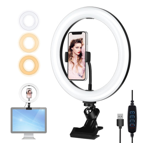 PULUZ 10,2 pouces 26 cm Anneau lumineux + Clip par moniteur USB 3 modes Dimmerabile Double température couleur LED Curvo Diffuso Vlogging Selfie Bellezza Fotografia Luci video con morsetto per telefono, 10,2 pouces+Clip