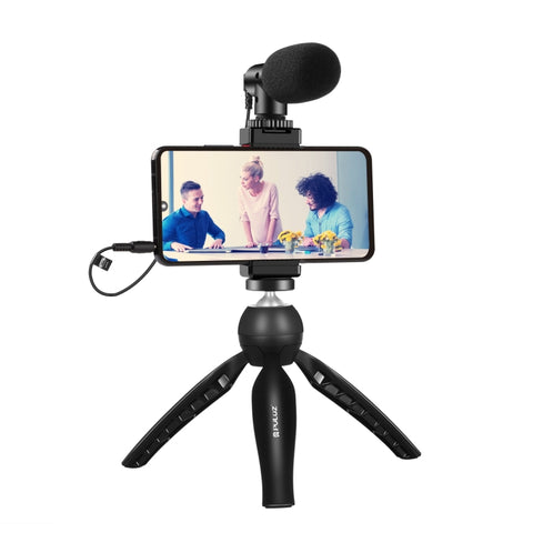 Kit vidéo vlogger pour smartphone avec transmission en direct PULUZ, micro + support pour trépied + support pour morceau de téléphone, micro + trépied + lampe