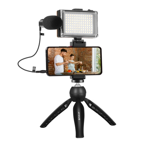 Kit Vlogger lumière vidéo pour smartphone avec transmission directement PULUZ avec micro + lumière LED + support pour trépied + support pour morceau de téléphone, micro + LED + trépied + lampe