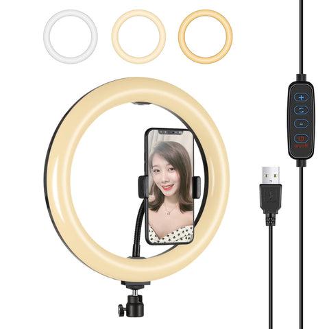 PULUZ 10.2 pouces 26 cm USB 3 modes dimmerabile anneau LED Vlogging Selfie belle photo de lumière vidéo avec tête de trépied et morceau de téléphone, 10,2 pouces, 10,2 pouces Lumière