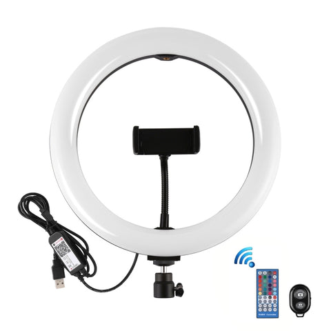 PULUZ 10,2 pouces 26 cm Superficie curva USB RGBW Dimmerabile Anello LED Vlogging Fotografia Lucy video con testa a sfera per treppiede e telecomando e morsetto per telefono, 10,2 pouces RGBW