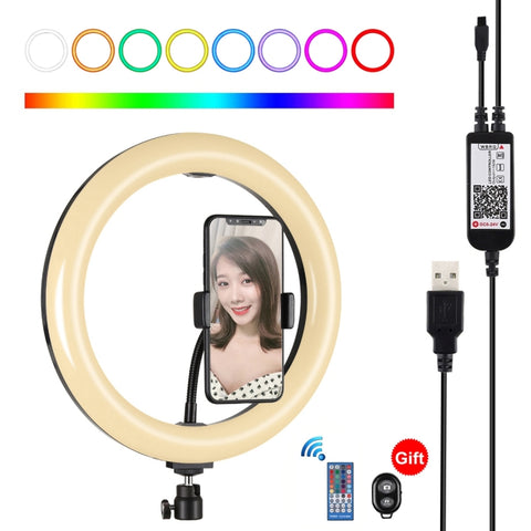 PULUZ 10,2 pouces 26 cm Superficie curva USB RGBW Dimmerabile Anello LED Vlogging Fotografia Lucy video con testa a sfera per treppiede e telecomando e morsetto per telefono, 10,2 pouces RGBW