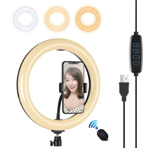 PULUZ 10,2 pouces 26 cm USB 3 modes réglables à double température couleur LED courbe lumière diffuse anneau Vlogging selfie photo lumière vidéo avec morsetto pour téléphone, 10,2 pouces