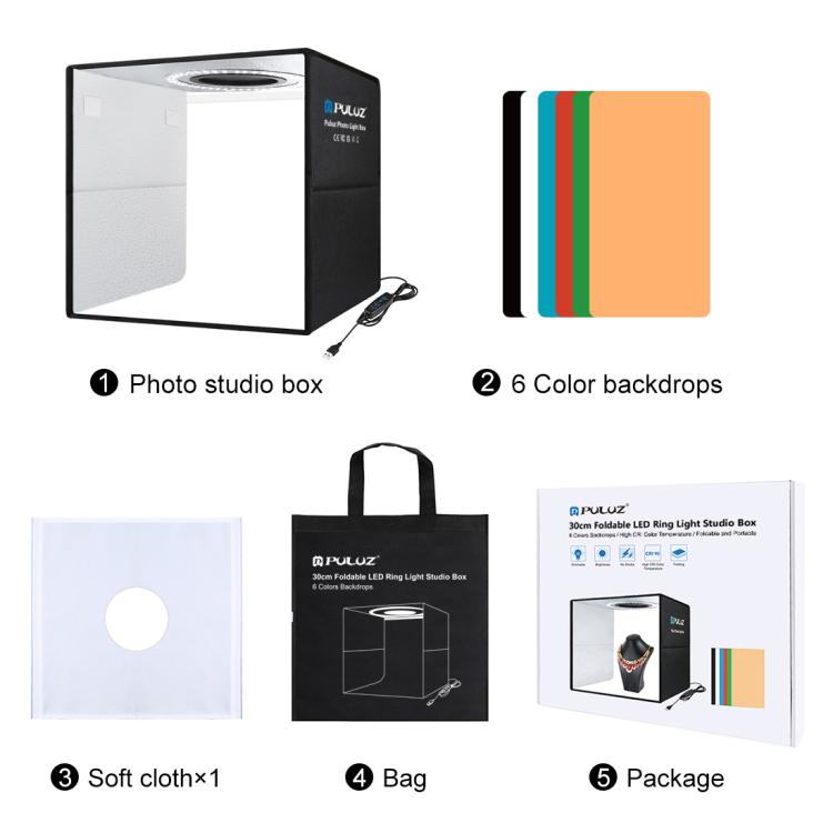 PULUZ 30 cm pieghevole, alta 97 CRI, luce ad anello, illuminazione fotografica, studio, tenda da tiro, kit con fondali a 6 colori (nero, bianco, arancio...