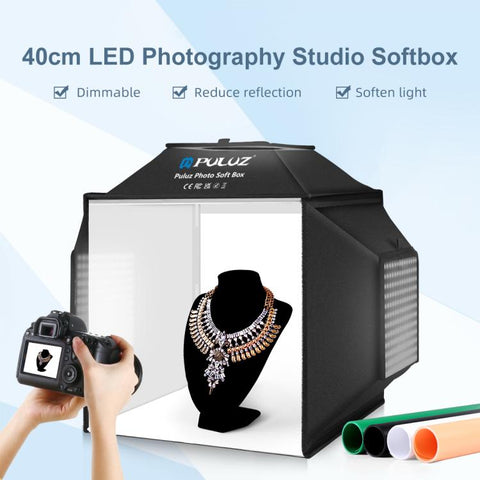 PULUZ 40 cm Pieghevole 72 W 5500 K Tenda da studio Soft Box Kit di illuminazione fotografica con 4 colori (Nero, Arancione, Bianco, Verde) Fondali, 40cm Folding 72W(AU Plug), 40cm Folding 72W(EU Plug), 40cm Folding 72W(UK Plug), 40cm Folding 72W(US Plug)