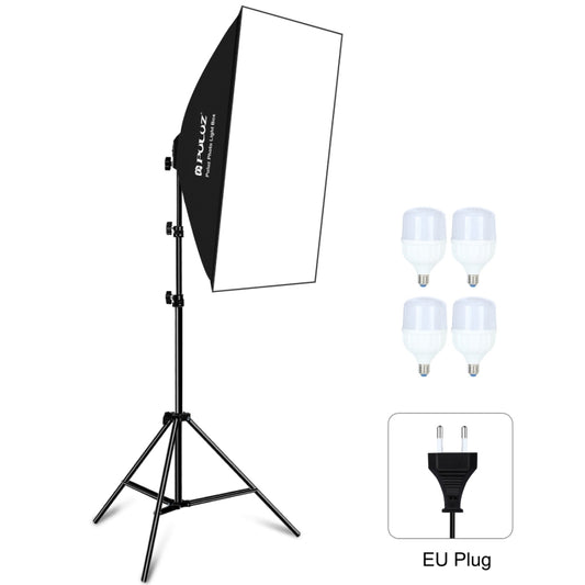 PULUZ Softbox da studio 50x70 cm + supporto per treppiede da 2 m + 4 kit di illuminazione fotografica per lampadine LED E27 24 W 5700 K a luce bianca, 4 x Bulb EU Plug, 4 x Bulb US Plug
