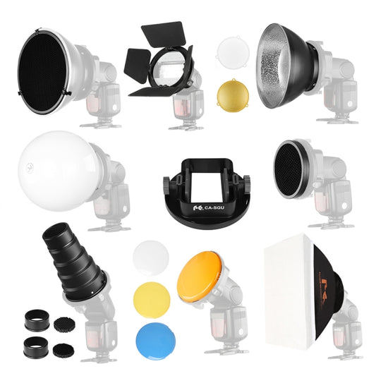 Falcon Eyes SG-100 Speedlite Kit di accessori, supporto adattatore universale / Barndoor / Snoot / Honeycomb / Riflettore standard / Honeycomb per riflettore morbido / Sfera diffusore / Gel colorato / Softbox