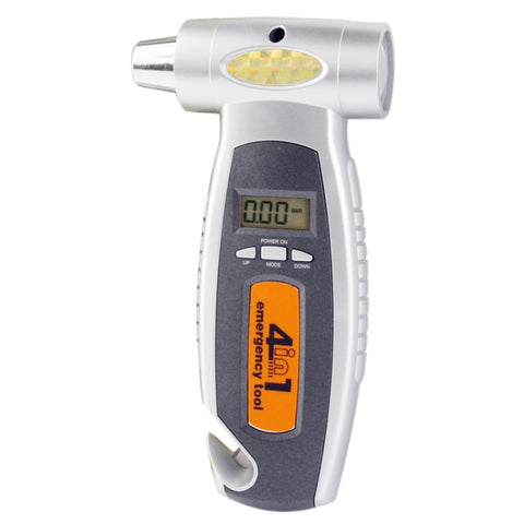 Instrument d'utilisation d'urgence 4 en 1 (manomètre numérique pour pneumatique + force électrique + marteau d'urgence + étiquette pour ceinture de sécurité d'urgence)., 4 en 1