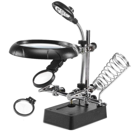 Lente d'ingrandimento a clip ausiliaria a 5 LED AC/DC intercambiabile con supporto per saldatura et due lenti d'ingrandimento, 2.5X, EU Plug