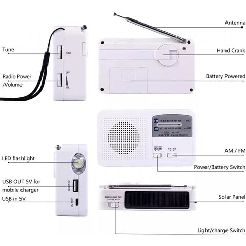 Torcia LED multifonction portable à énergie solaire/à dynamomètre avec radio AM/FM et chargeur pour téléphone cellulaire, RD369