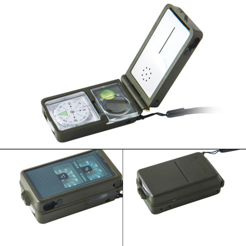 Bussola portable multifonction 10 en 1 (termometro, igrometro, luce LED, Riflettore, livella, bussola, fischietto, selce, lente d'ingrandimento, righello), 10 en 1