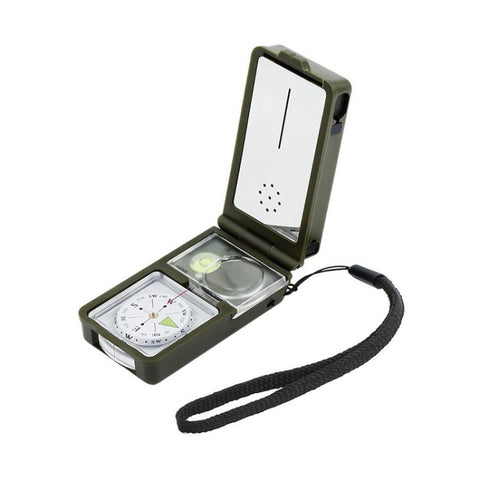 Bussola portable multifonction 10 en 1 (termometro, igrometro, luce LED, Riflettore, livella, bussola, fischietto, selce, lente d'ingrandimento, righello), 10 en 1
