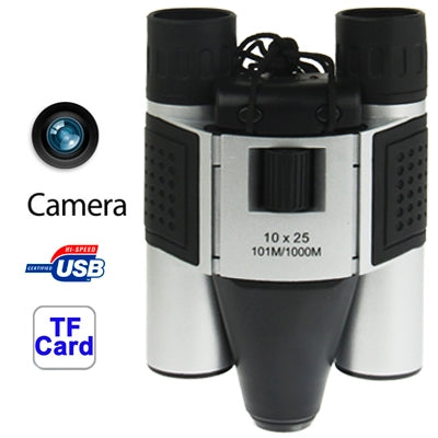Jumelles pour appareil photo numérique 10×25 mm 5 en 1 (appareil photo jumelles + caméra vidéo + appareil photo numérique + caméra vidéo par PC + lecteur de carte TF), champ de vision : 101 m/1000 m, dimensions : 135 × 100 × 24 mm, 10X25
