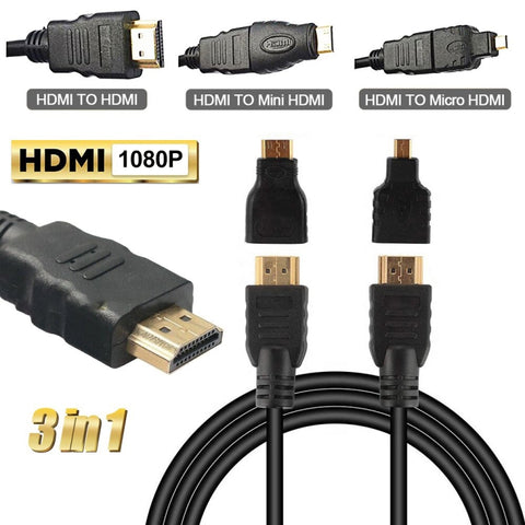 Kit adaptateur de câble HDMI Full HD 1080P 3 en 1 (adaptateur de câble HDMI de 1,5 m + adaptateur de HDMI à mini HDMI + adaptateur de HDMI à micro HDMI)