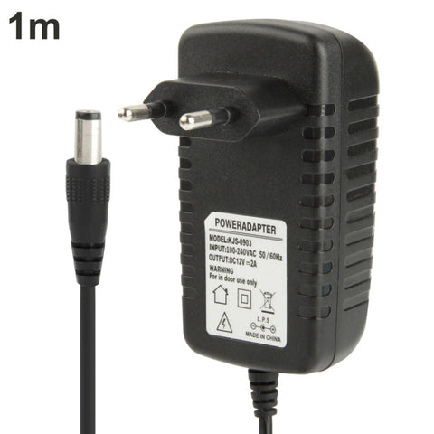 Adaptateur d'alimentation CA 100-240 V à CC 12 V 2 A de haute qualité, pointe : 5,5 x 2,1 mm, longueur de câble : 1 m, prise EU DC 12 V 2 A, prise US DC 12 V 2 A.
