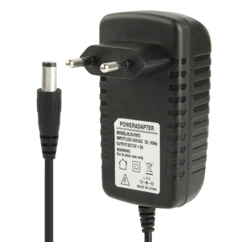 Adaptateur d'alimentation CA 100-240 V à CC 12 V 2 A de haute qualité, pointe : 5,5 x 2,1 mm, longueur de câble : 1 m, prise EU DC 12 V 2 A, prise US DC 12 V 2 A.
