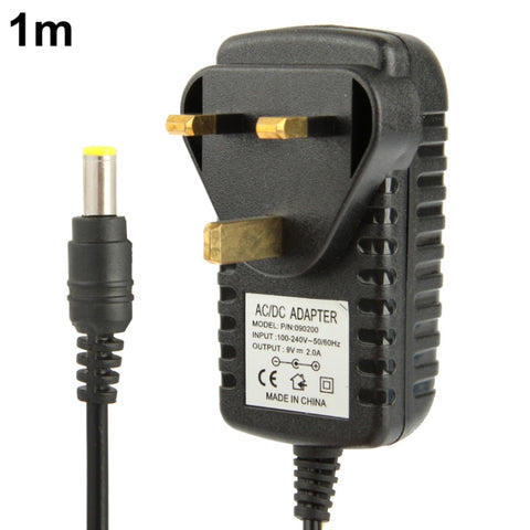 Adaptateur d'alimentation CA 100-240 V à CC 9 V 2 A avec colonne UK de haute qualité, pointe : 5,5 x 2,1 mm, longueur de câble : 1 m, prise UK DC 9V 2A